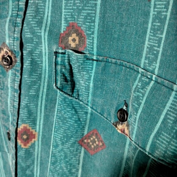 Frontier Series Western Shirt Small Teal Southwest Geometric Button Down READ - Picture 11 of 15